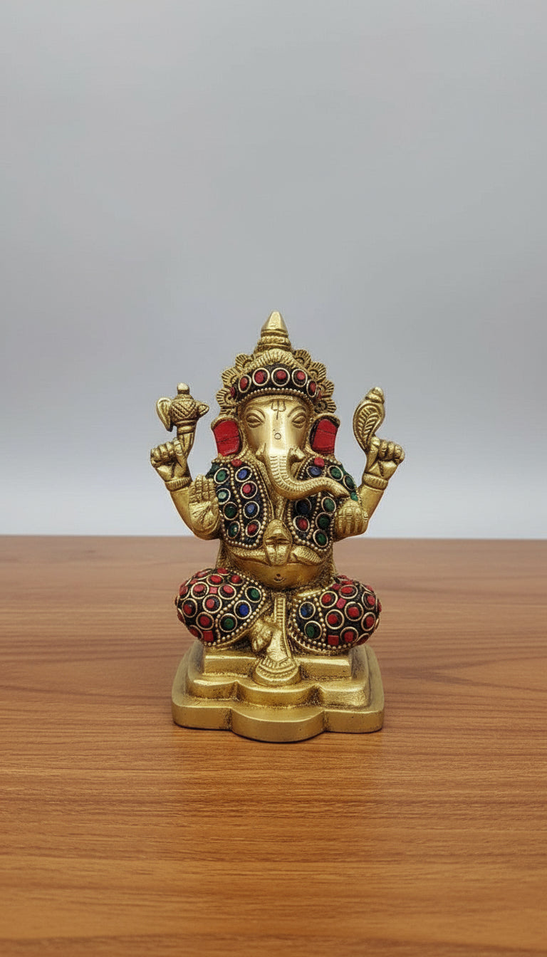 brass with stone work sitting ganesh idol for home temple/. Gift item